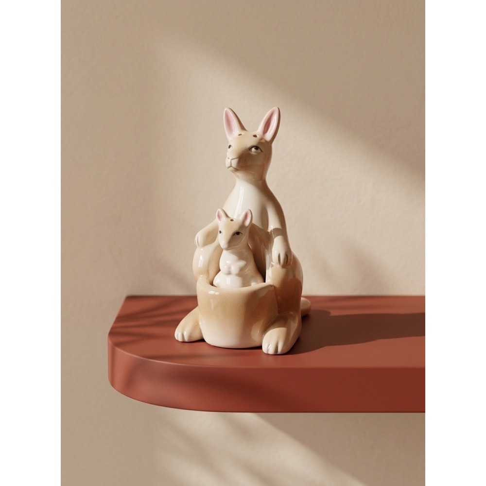 Vintage Ceramic Kangaroo & Baby Joey Nesting Salt and Pepper Shaker Set Tan